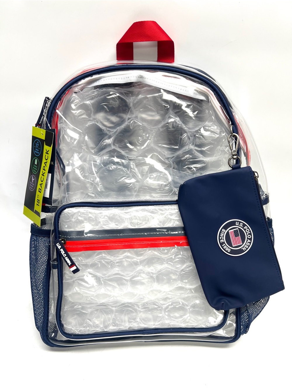 U.S. Polo Assn. Clear Navy Backpack with Red Trim and Removable Pouch